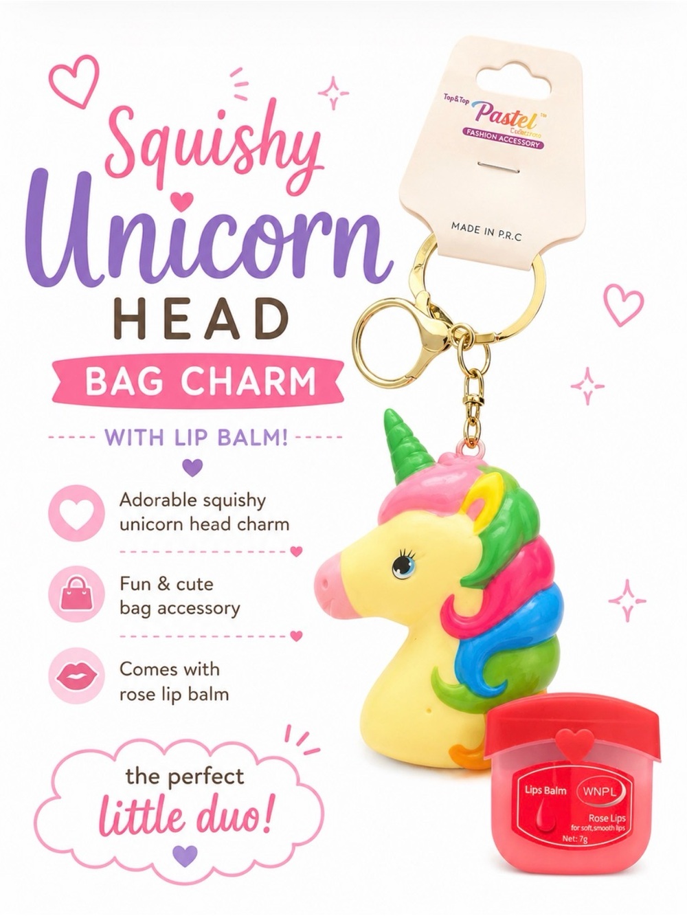 SQUISHY UNICORN HEAD KAWAII BAG CHARM KEYCHAIN & LIP BALM SET